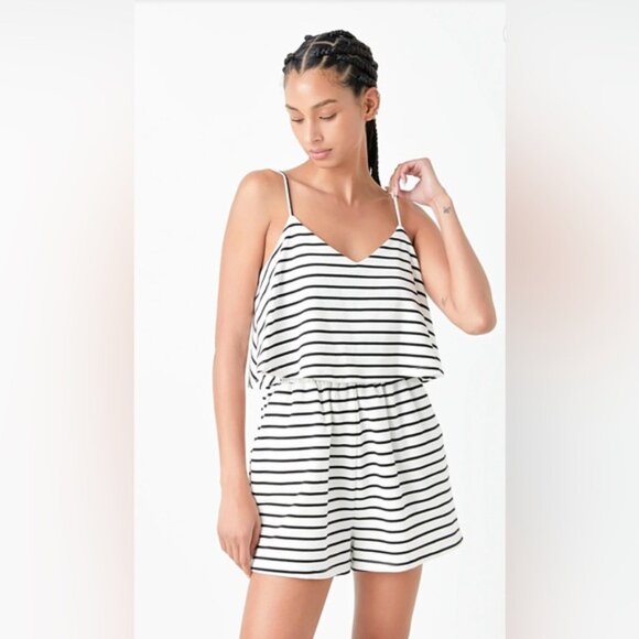Anthropologie Grey Lab Striped Romper Tank Shorts, New, Medium, Black/White - Picture 1 of 7